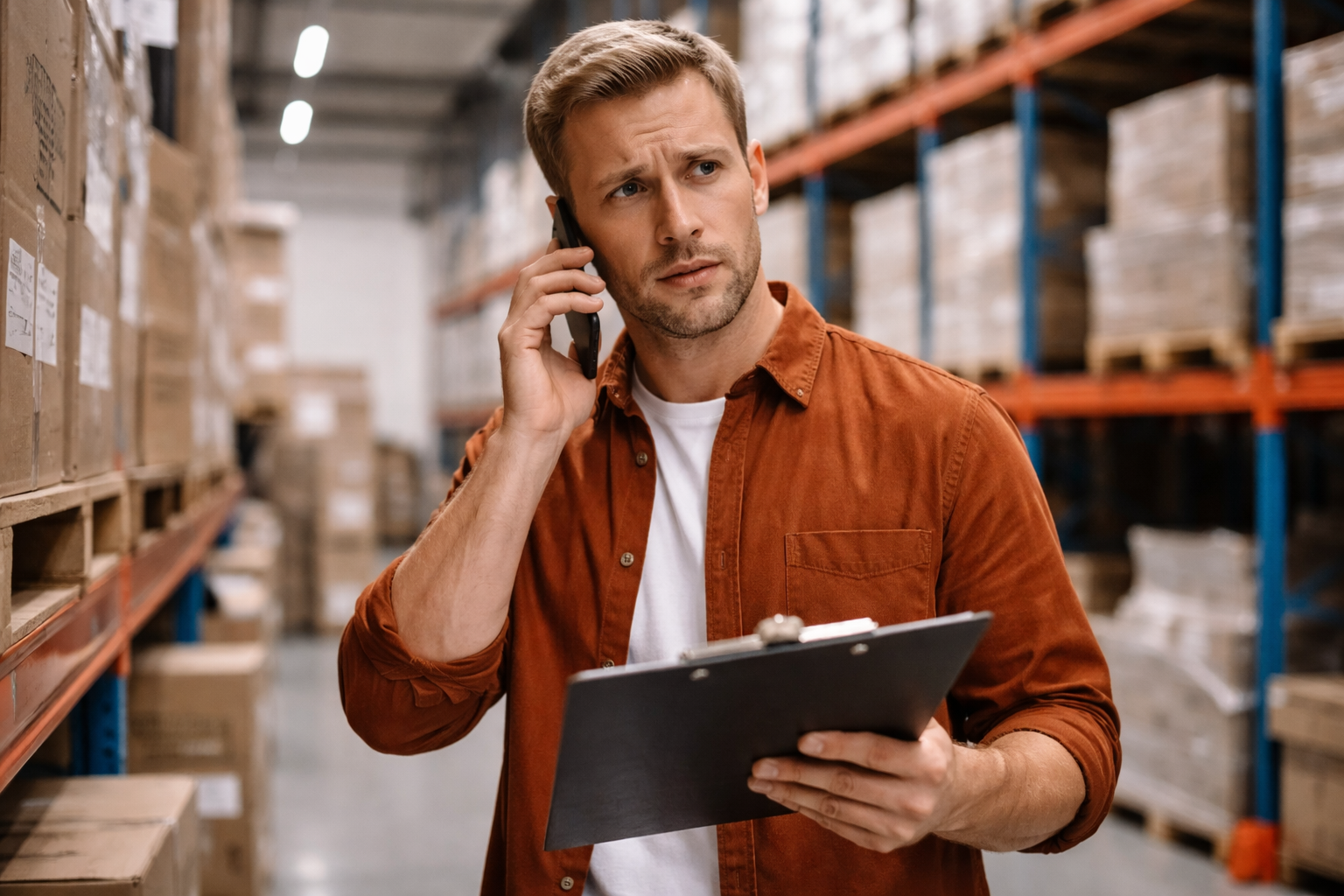 cash flow problems fast financing pressure warehouse manager reviewing inventory and expenses while on phone