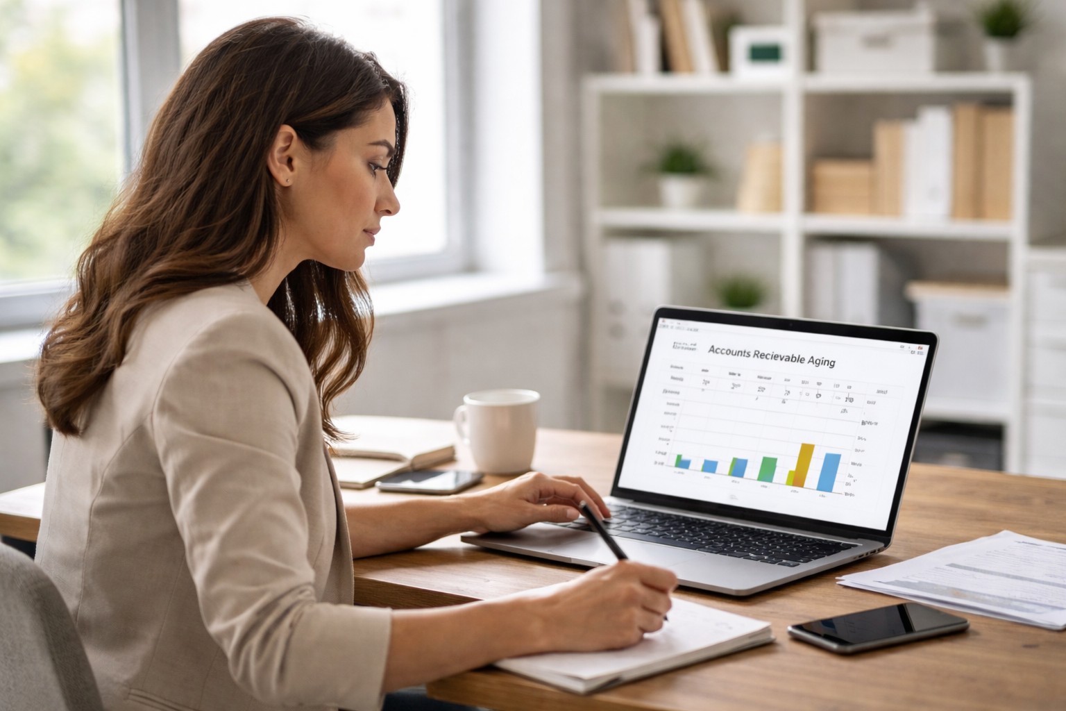 Business owner reviewing accounts receivable aging report to monitor outstanding customer payments