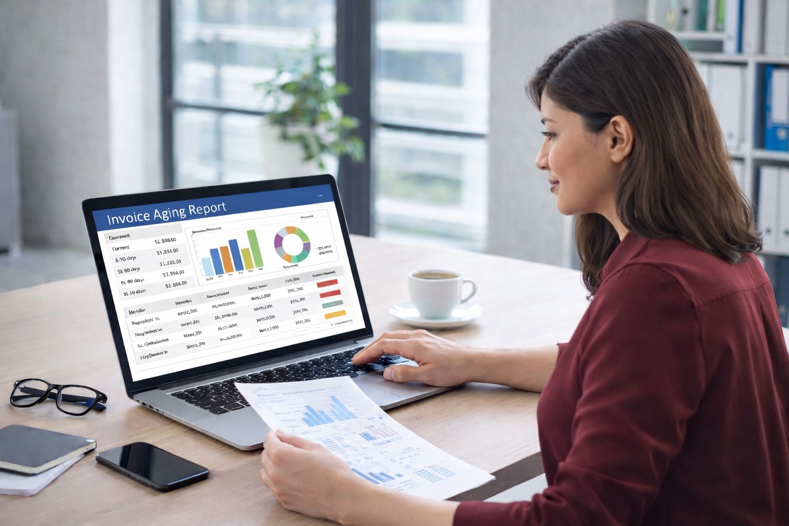Businesswoman reviewing invoice aging report on laptop for accounts payable management, payment timing, and liquidity planning