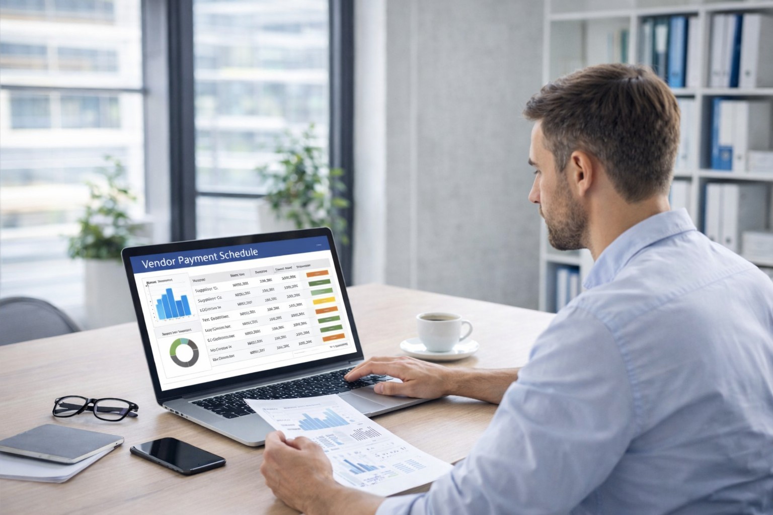 Business owner reviewing accounts payable management dashboard and vendor payment schedule to improve payment timing and liquidity