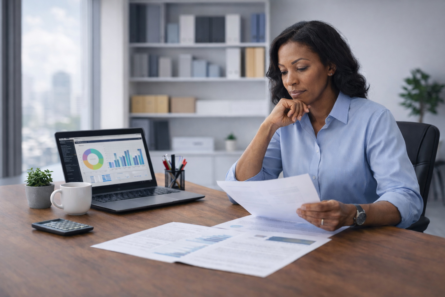 alt="Business owner reviewing financial documents at desk with laptop, charts, and office supplies"