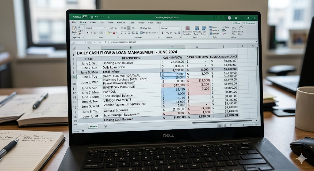 business cash flow spreadsheet showing daily loan withdrawals and declining balances