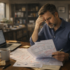 business owner reviewing overdue invoices showing accounts receivable mistakes impacting cash flow