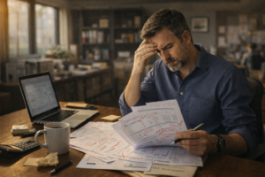 business owner reviewing overdue invoices showing accounts receivable mistakes impacting cash flow