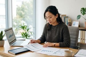 Business owner preparing financial documents before applying for a first small business loan