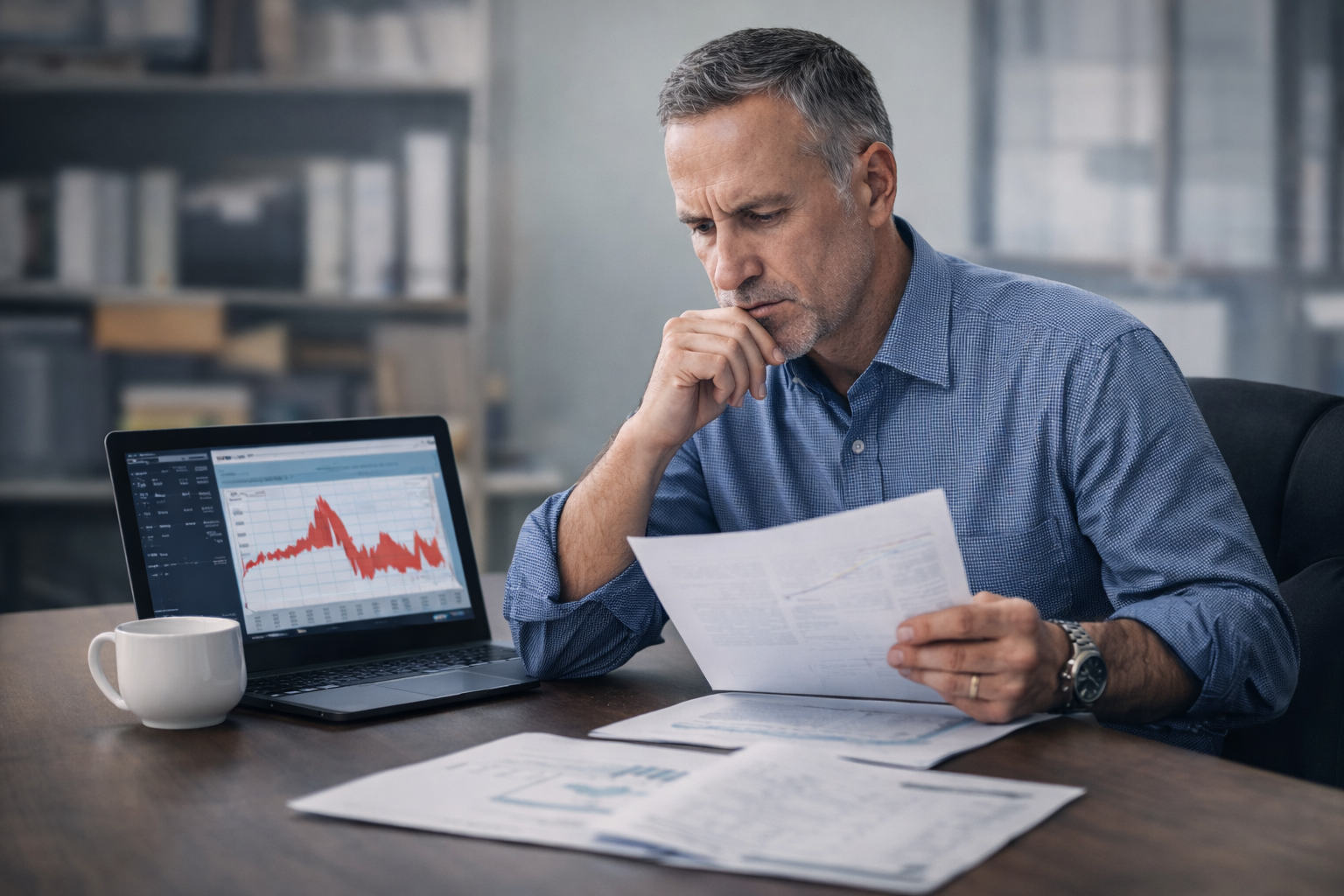 Business owner reviewing financial statements showing cash flow risk despite strong revenue