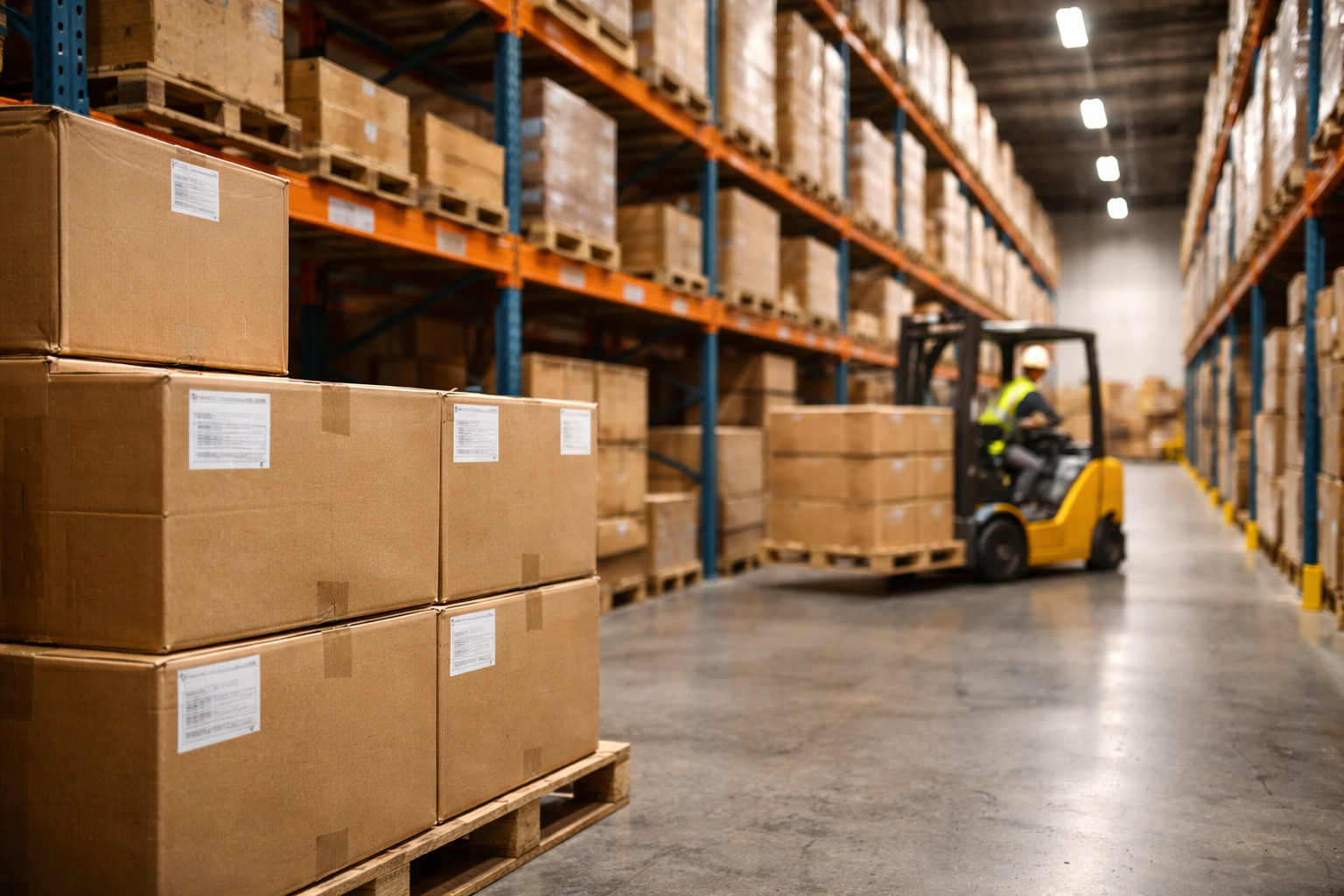 alt="Warehouse worker operating forklift moving inventory boxes on pallets in storage facility"