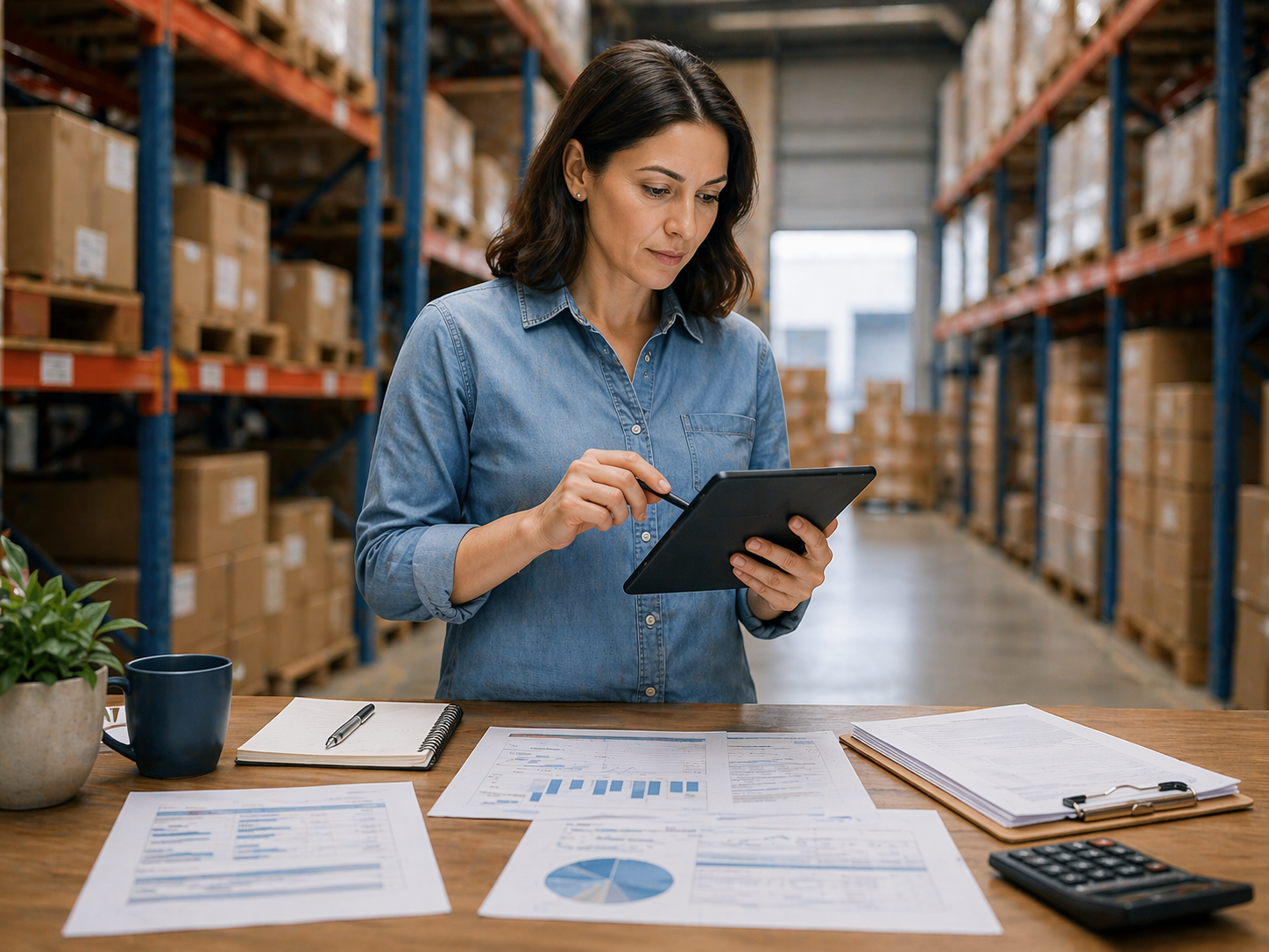 Business owner reviewing inventory and financial data in warehouse while planning business financing