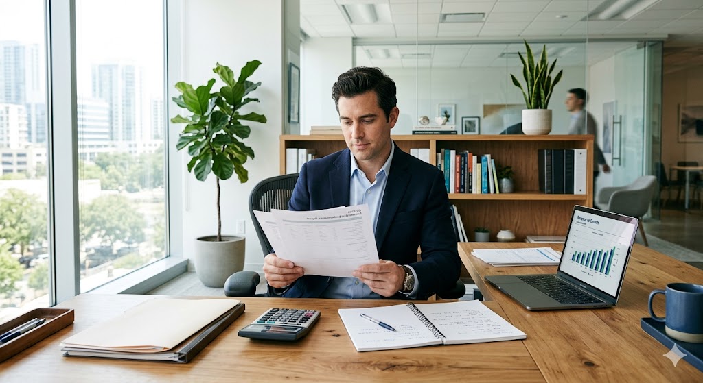 Business owner reviewing financial documents to evaluate the right time to apply for a small business loan