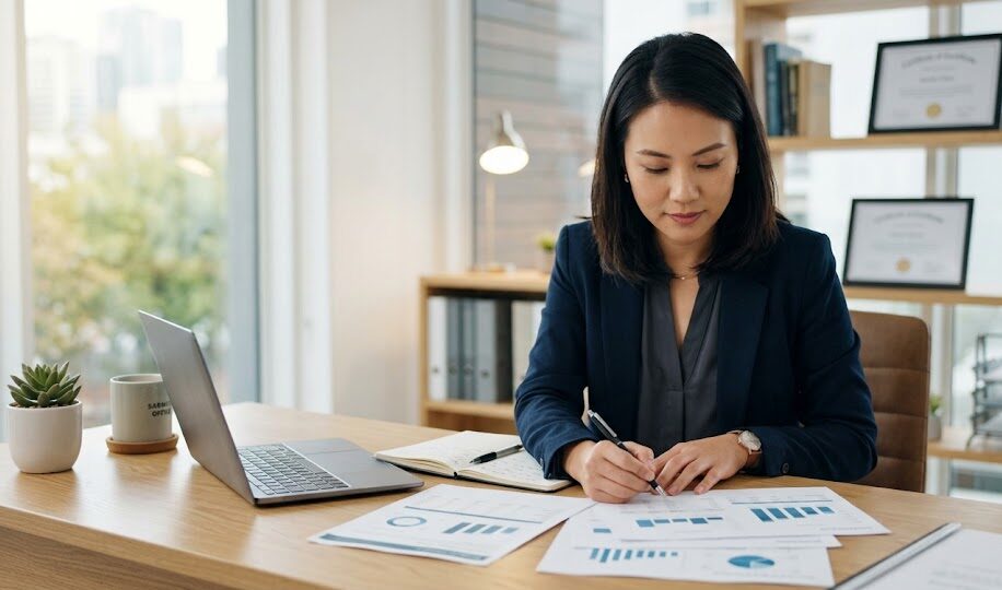 Business owner reviewing financial documents while deciding if a small business loan is needed