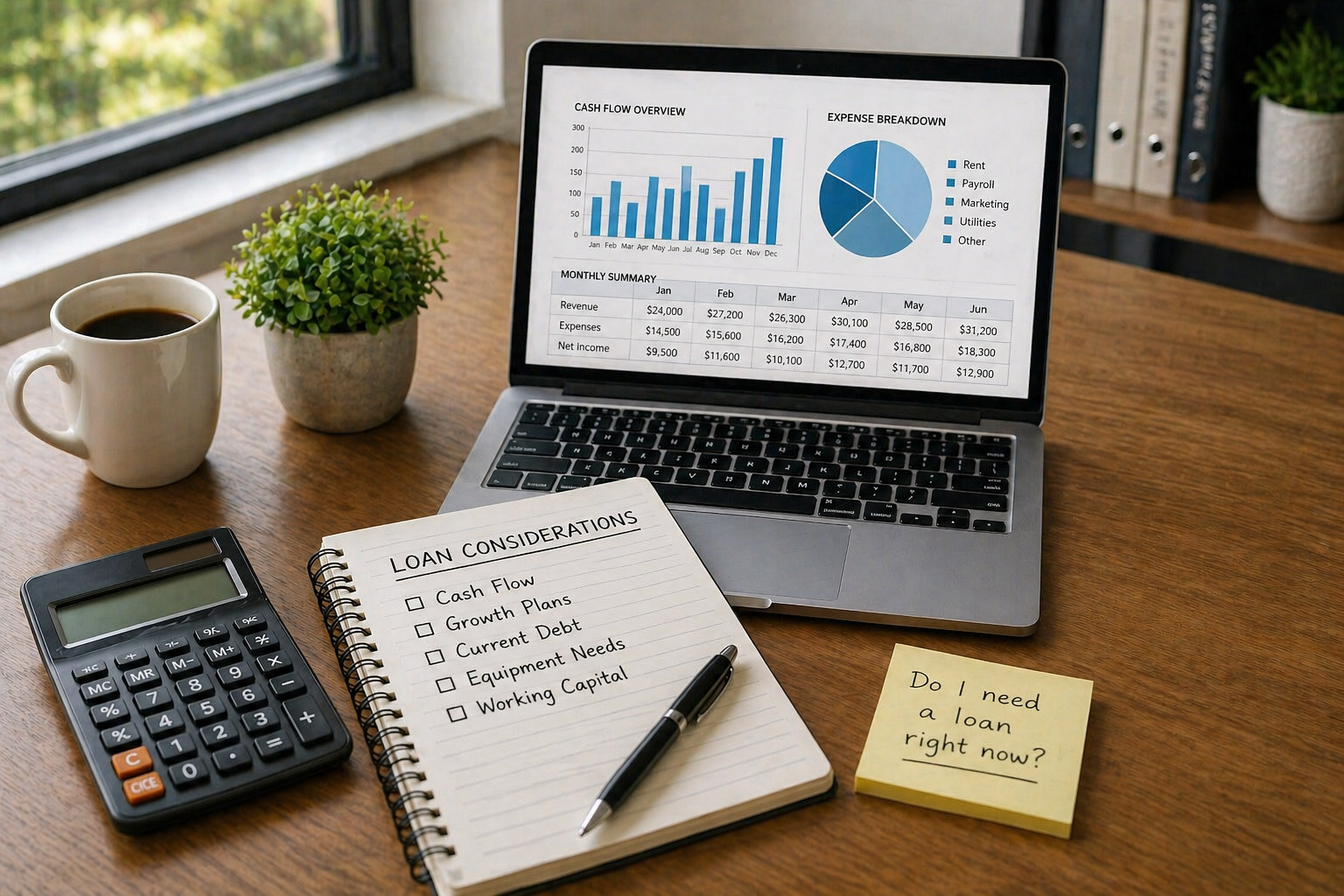 Desk with financial charts, calculator, and checklist used to evaluate whether a small business loan is needed