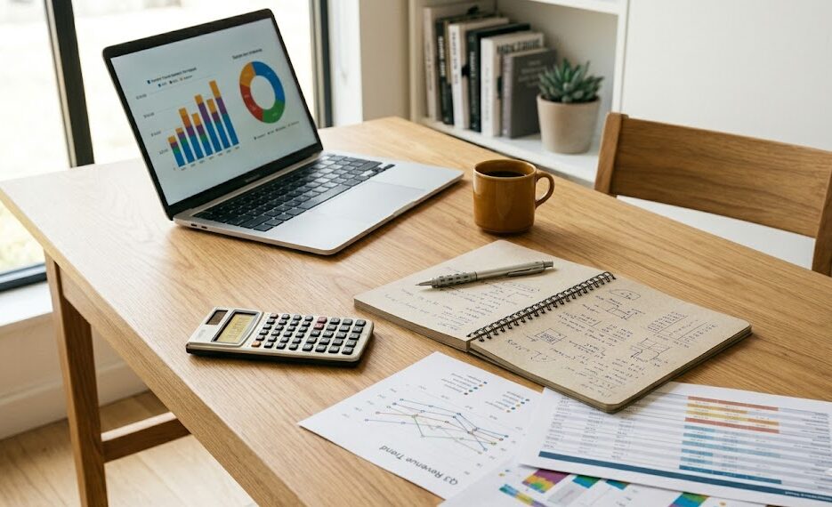 Financial documents and tools on a desk used to prepare for a small business loan