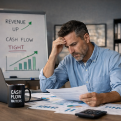 Business owner reviewing financial reports while managing cash flow pressure during revenue growth