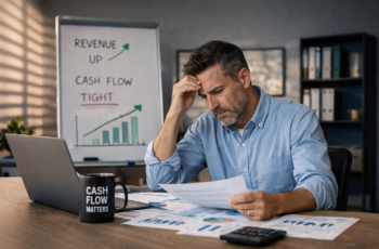 Business owner reviewing financial reports while managing cash flow pressure during revenue growth