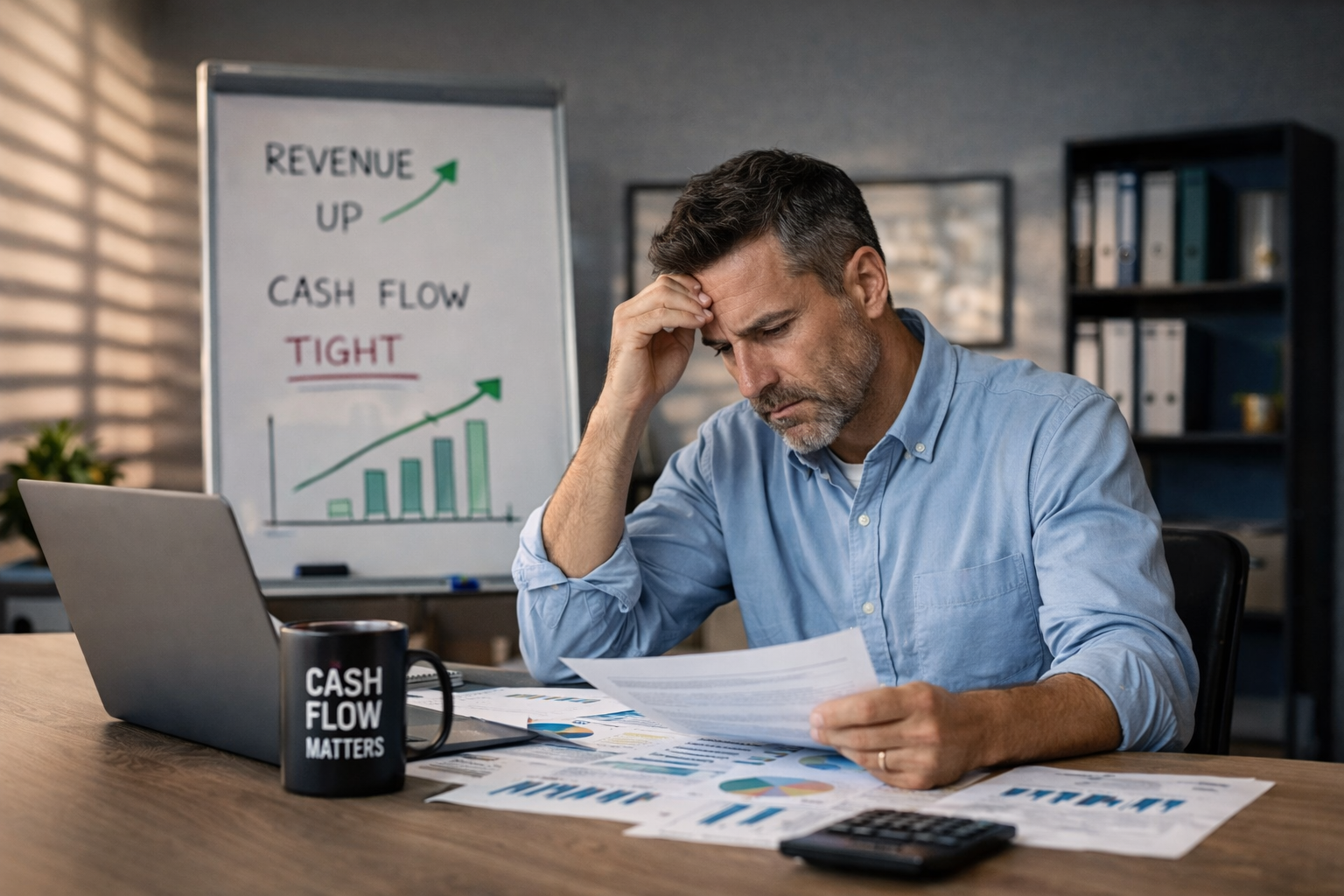 Business owner reviewing financial reports while managing cash flow pressure during revenue growth