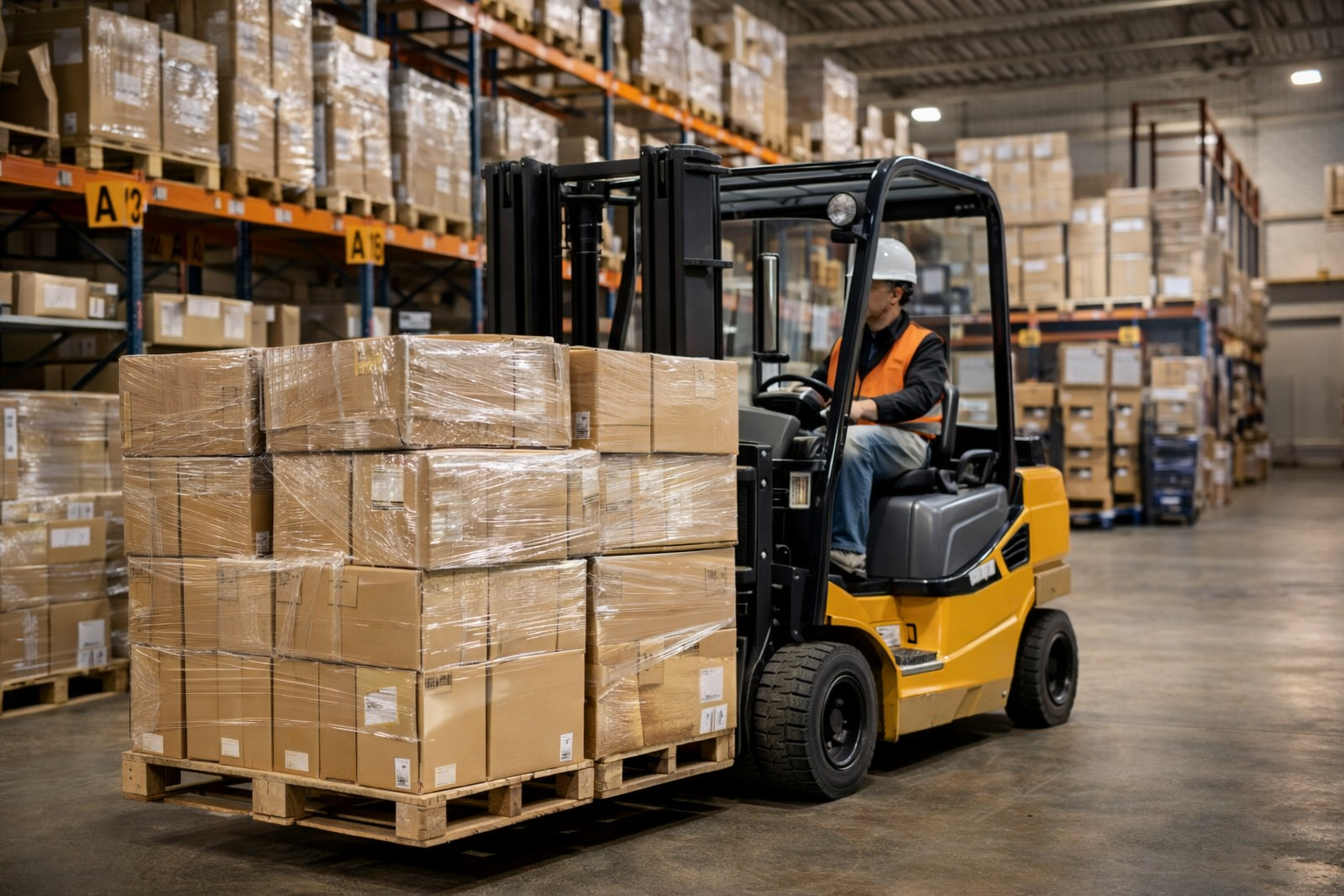 Warehouse worker moving pallet of boxed inventory highlighting capital tied up in stock