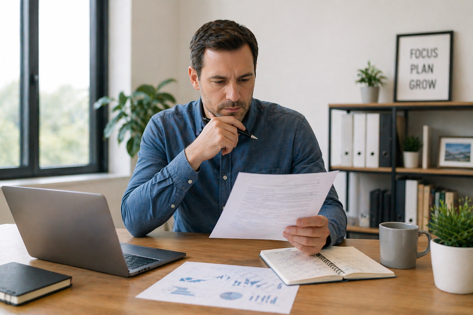 Business owner reviewing financial documents while evaluating a small business loan decision