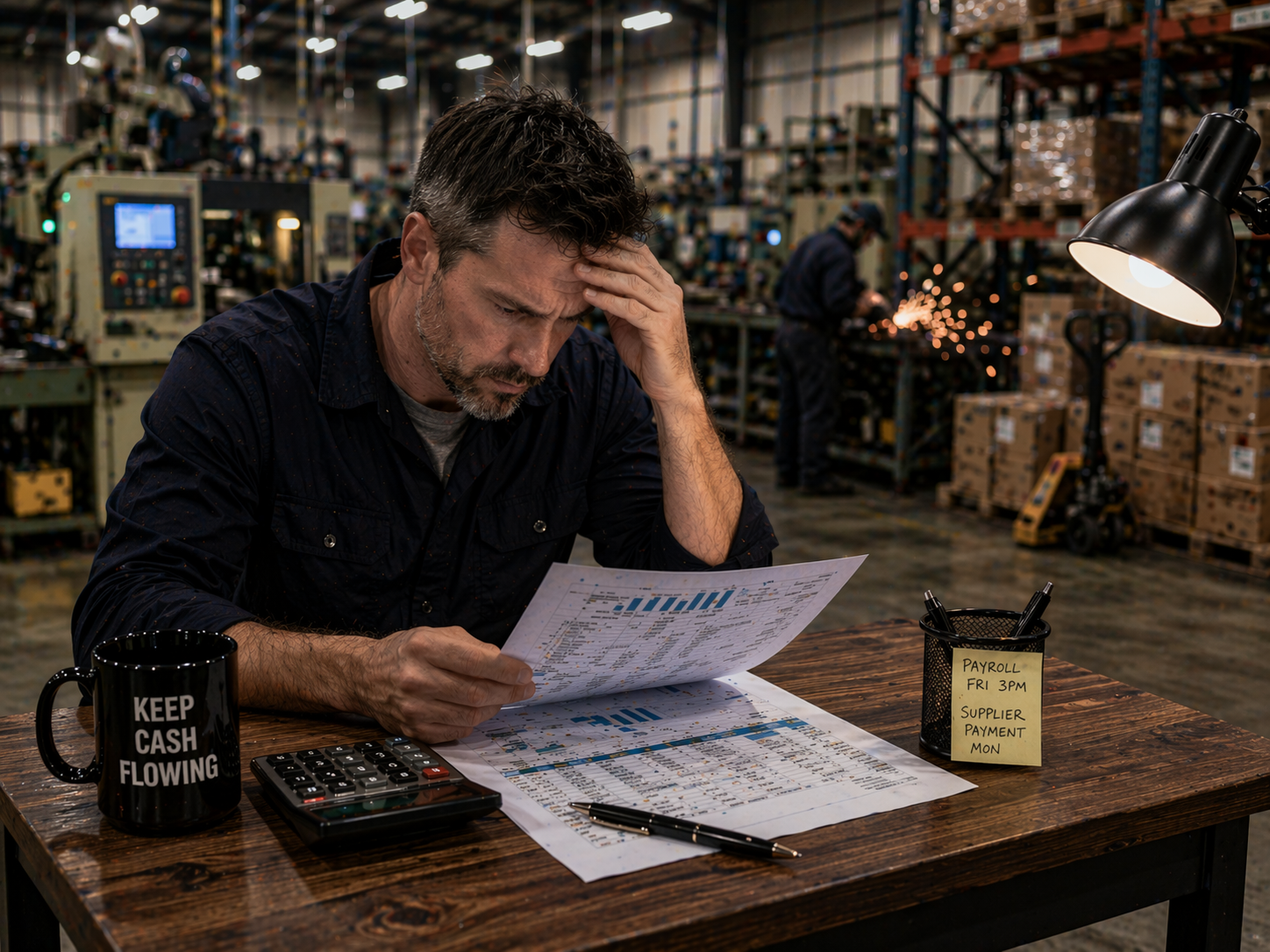 Warehouse environment showing inventory and operational pressure contributing to cash flow strain during business growth