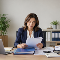 Business owner reviewing PPP and EIDL records at an office desk