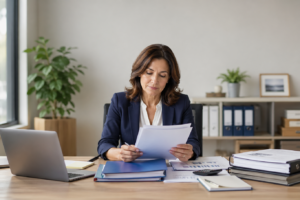 Business owner reviewing PPP and EIDL records at an office desk