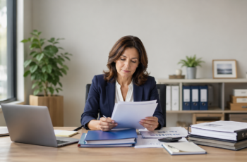 Business owner reviewing PPP and EIDL records at an office desk