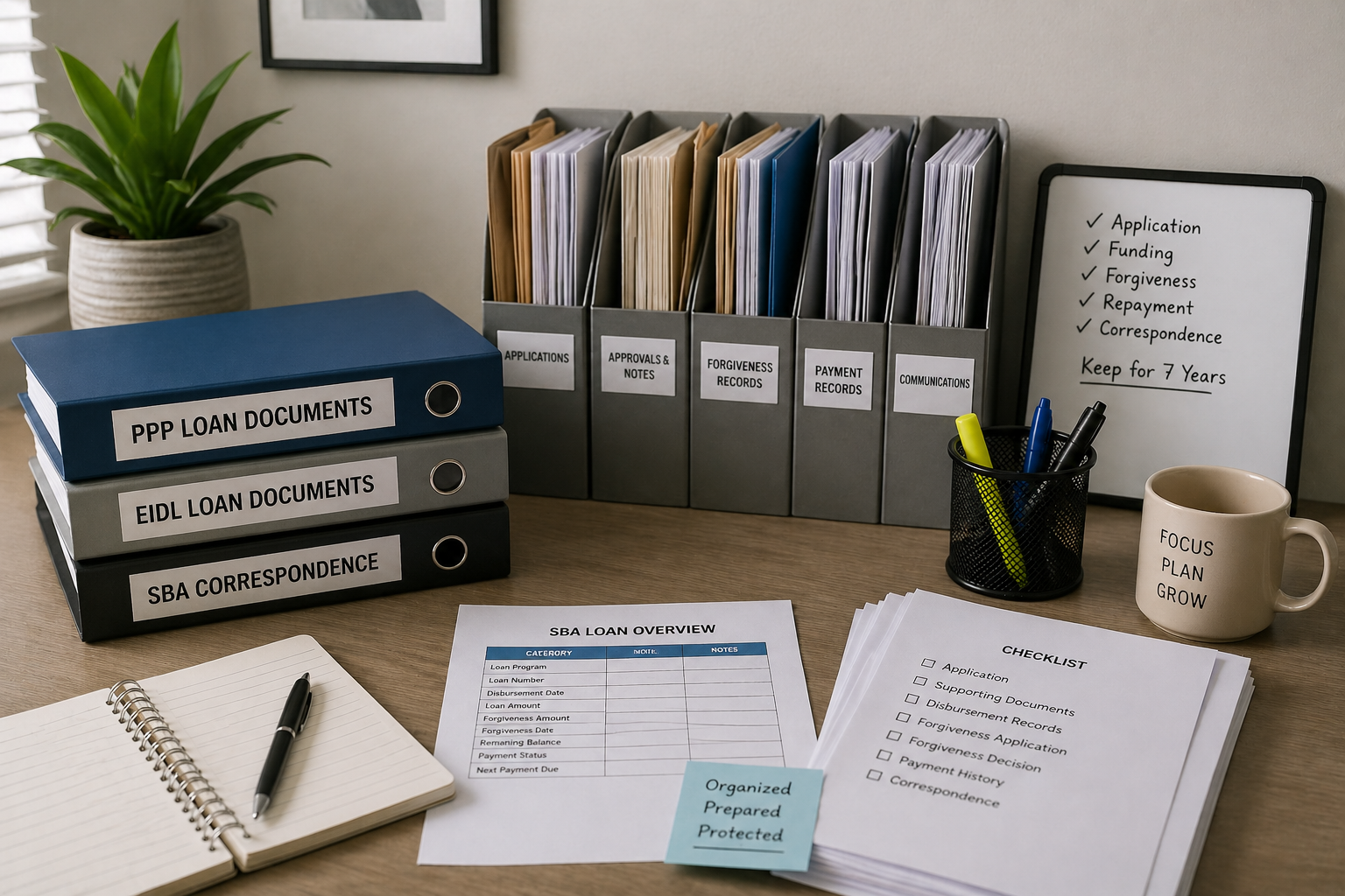 Small business records organized for SBA loan collections review