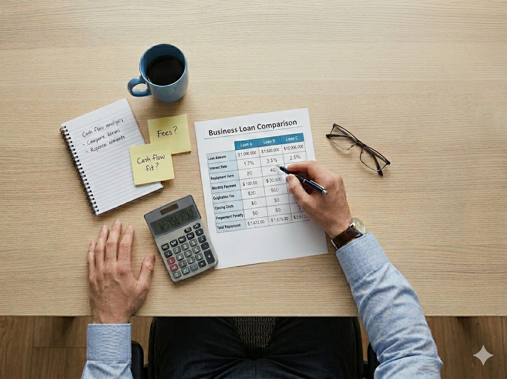 Business loan comparison worksheet with repayment terms and fees