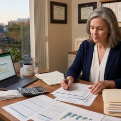 Small business owner reviewing financing documents while experiencing financial decision fatigue