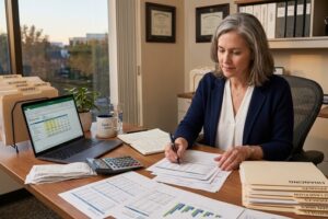 Small business owner reviewing financing documents while experiencing financial decision fatigue