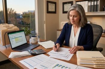 Small business owner reviewing financing documents while experiencing financial decision fatigue