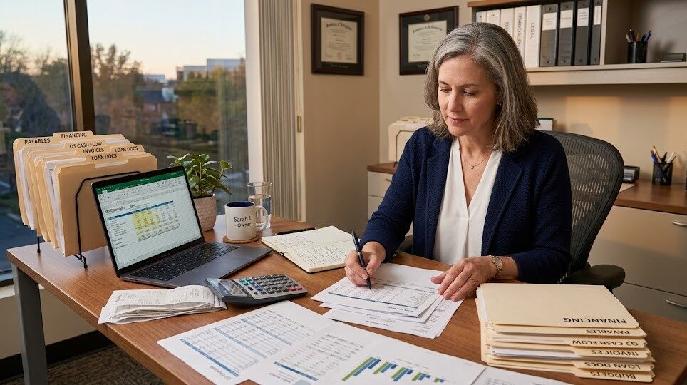 Small business owner reviewing financing documents while experiencing financial decision fatigue