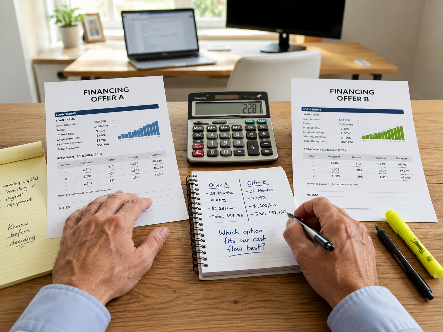 Business owner comparing financing offers and repayment terms before choosing a funding option