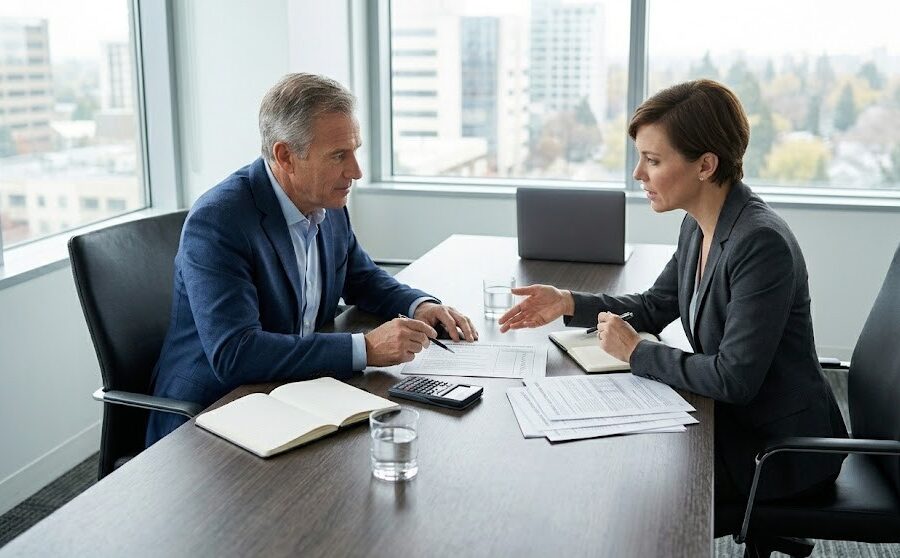 Business owner reviewing funding options with a financial advisor using a structured decision process