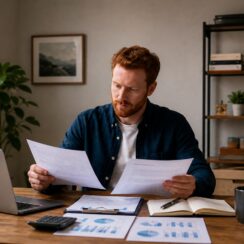 New business owner reviewing business credit records at a desk
