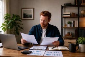 New business owner reviewing business credit records at a desk