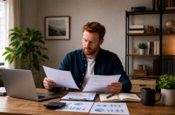 New business owner reviewing business credit records at a desk