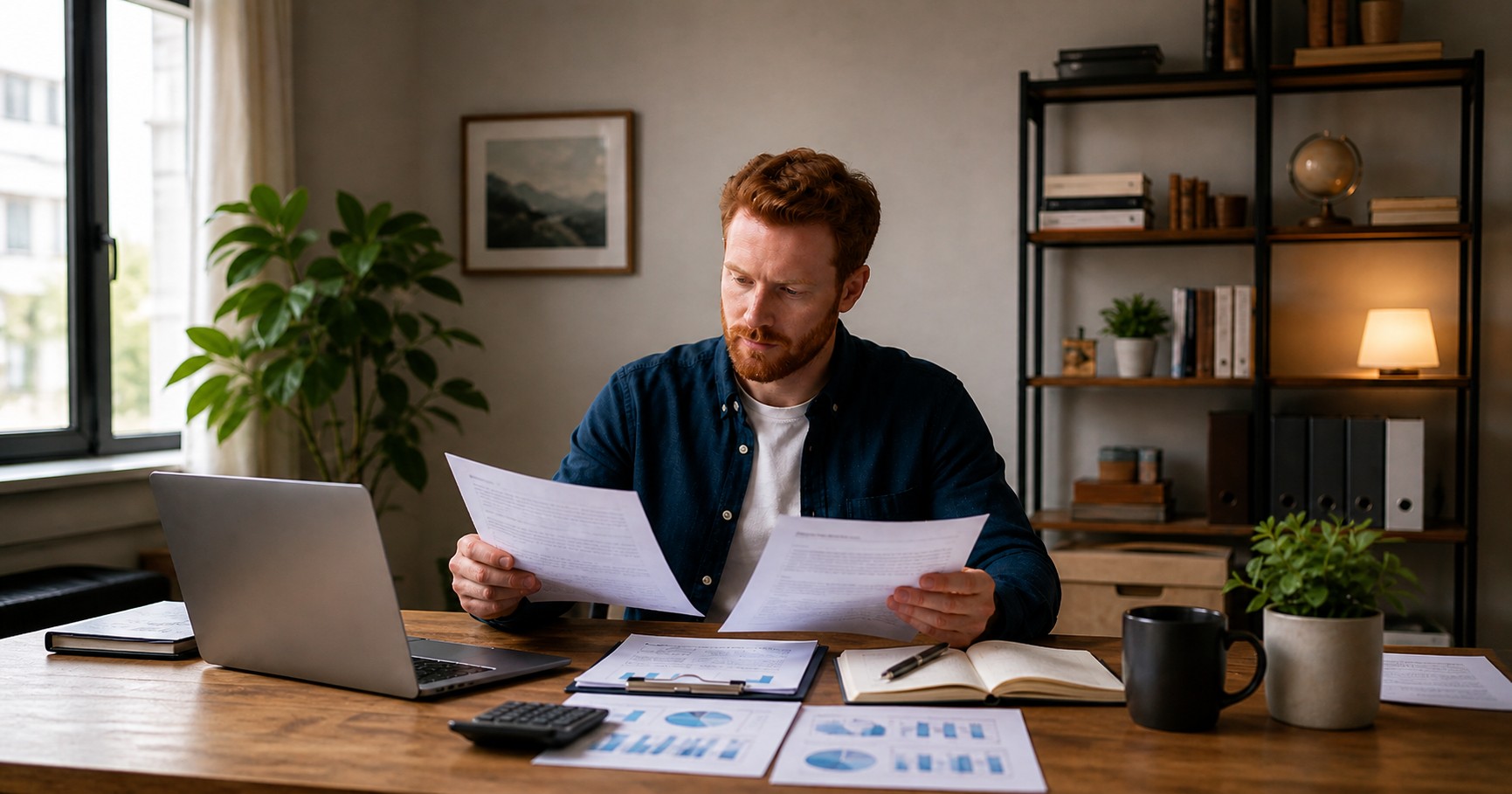 New business owner reviewing business credit records at a desk
