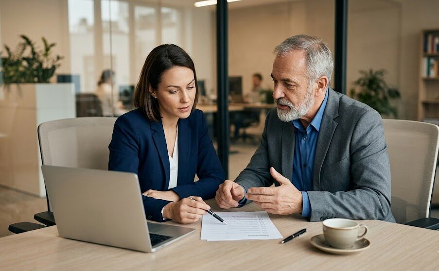 Business owner reviewing loan covenants with an adviser