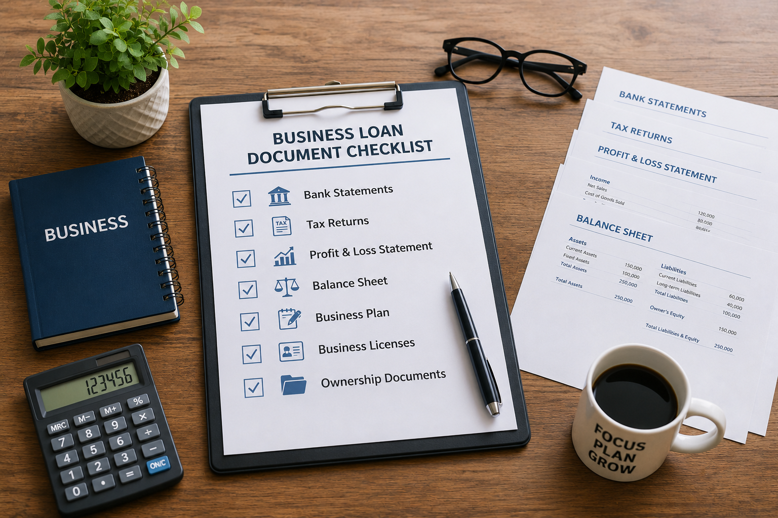 business loan requirement documents laid out on a desk for review
