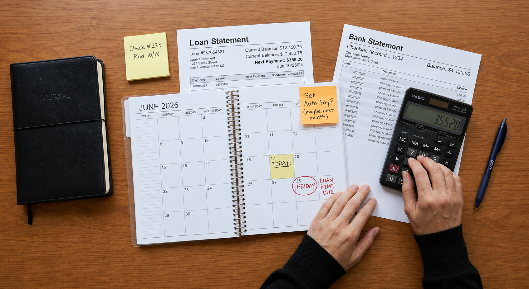 Business loan payment due date review with calculator and notes