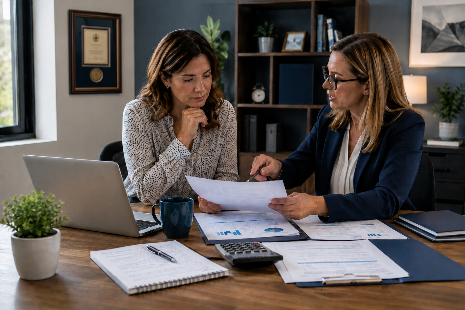 Small business owner reviewing business loan renewal terms with a financial advisor before borrowing again.