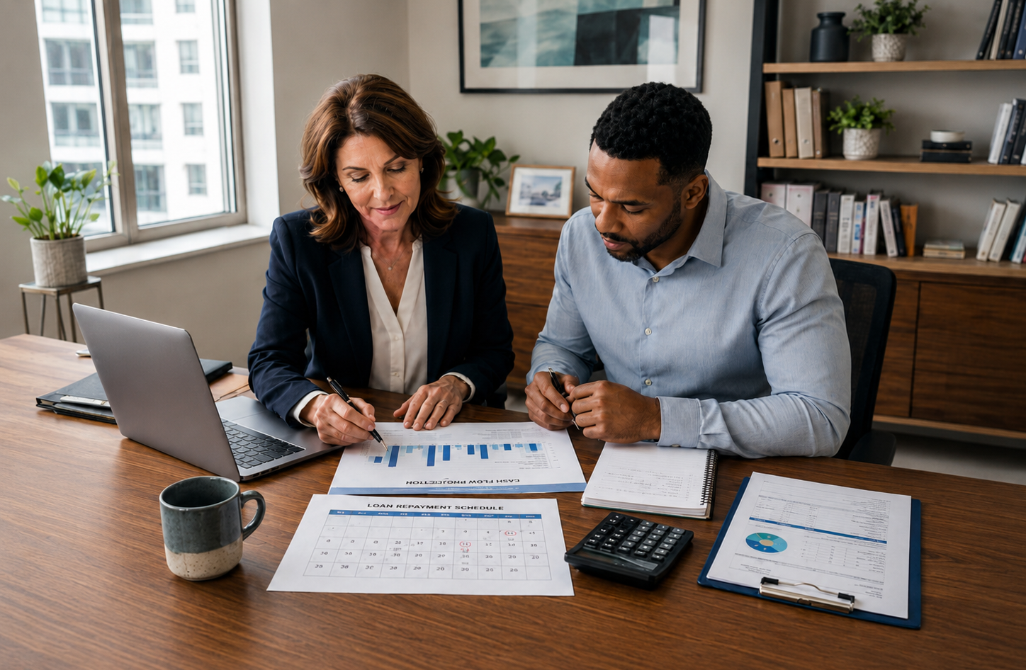 Business owner reviewing cash flow and repayment options with an adviser