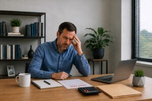 Business owner reviewing a past due business loan payment notice