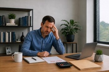 Business owner reviewing a past due business loan payment notice