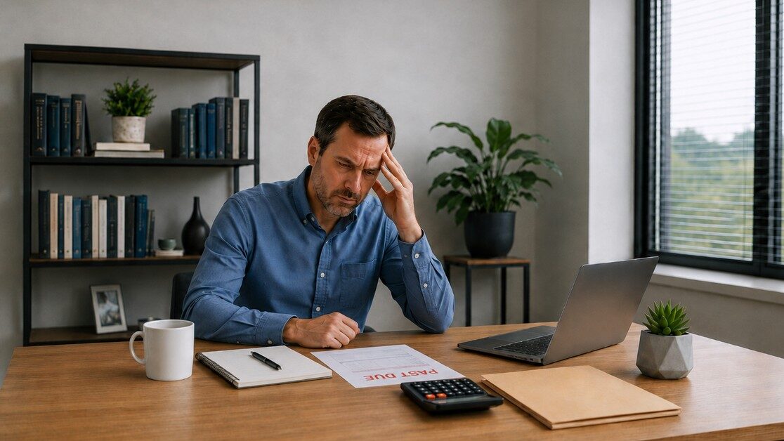Business owner reviewing a past due business loan payment notice