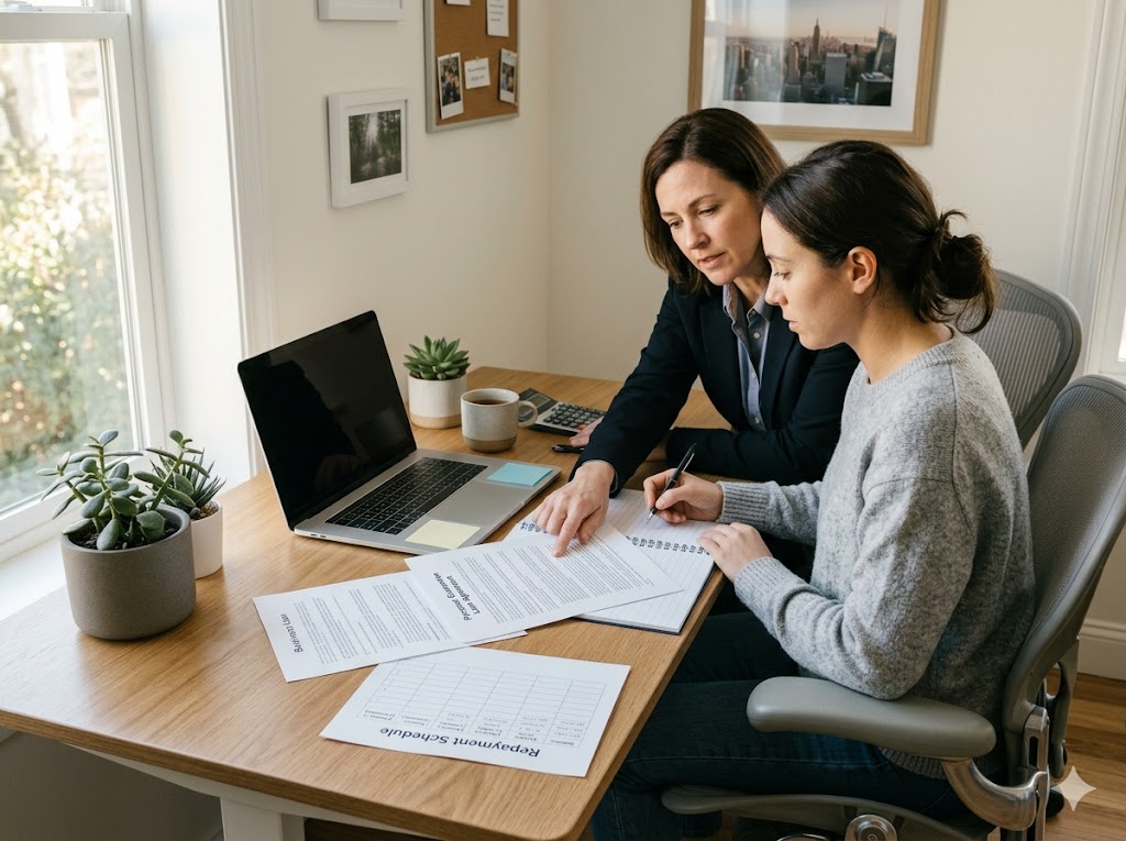 Business owner reviewing personal guarantee loan terms with an adviser