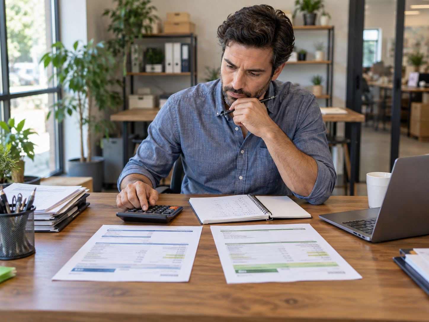 Small business owner comparing two financing offers with a calculator to evaluate net proceeds, fees, and total repayment.