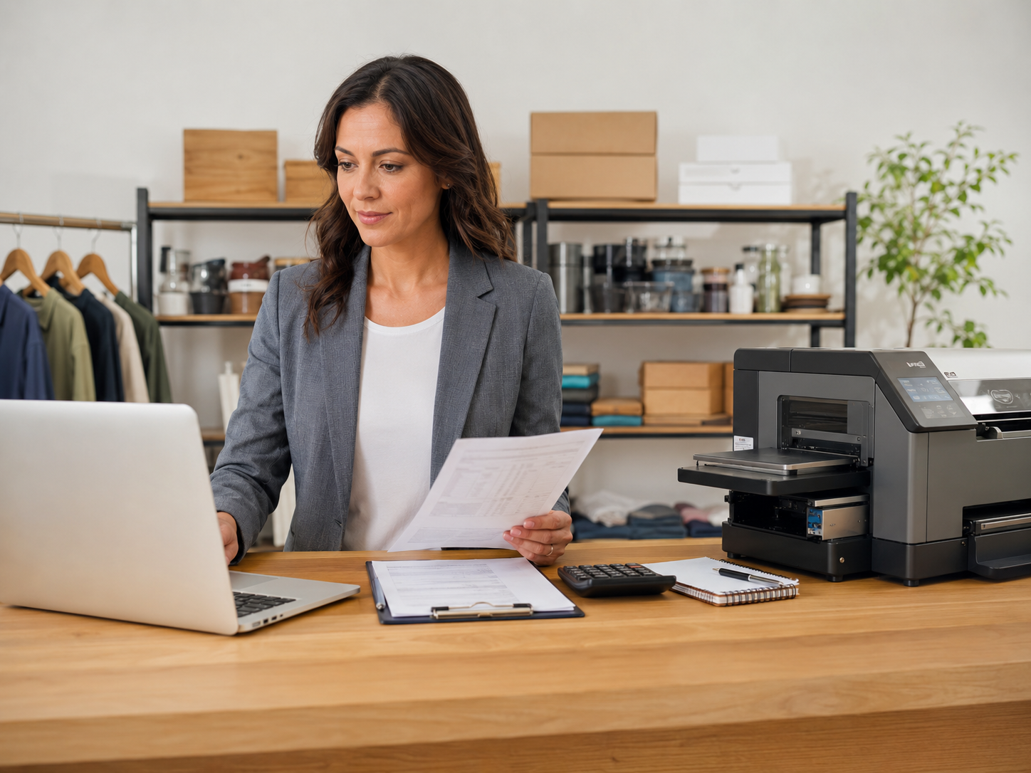 Business woman looking over loans for purchasing equipment