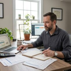 Small business owner reviewing cash reserve and cash flow notes at a desk