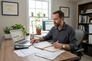 Small business owner reviewing cash reserve and cash flow notes at a desk